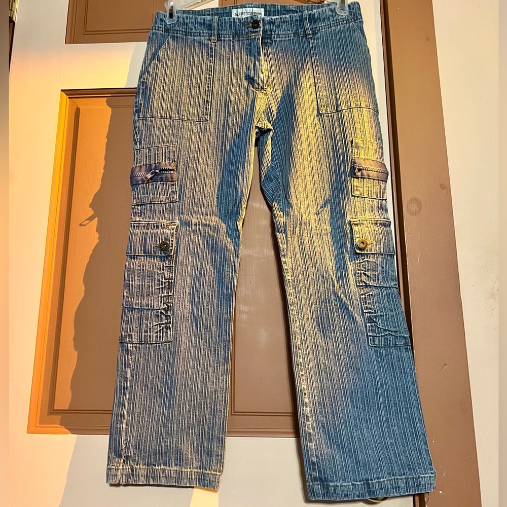 Vintage Alfredo Venini cargo cotton jeans Medium Denim Sz:9 stripe jeans